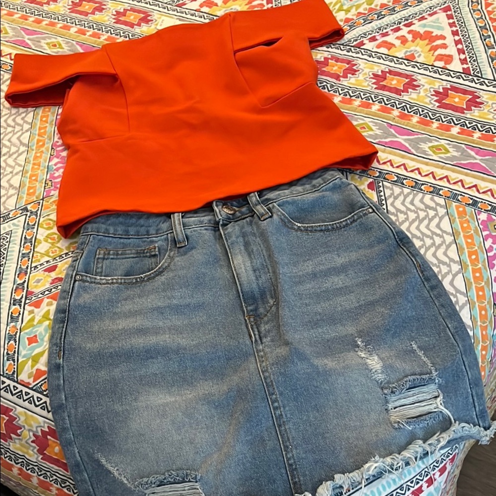 Anthropologie Orange Off-Shoulder Top Size S & Forever 21 Denim Skirt Size S